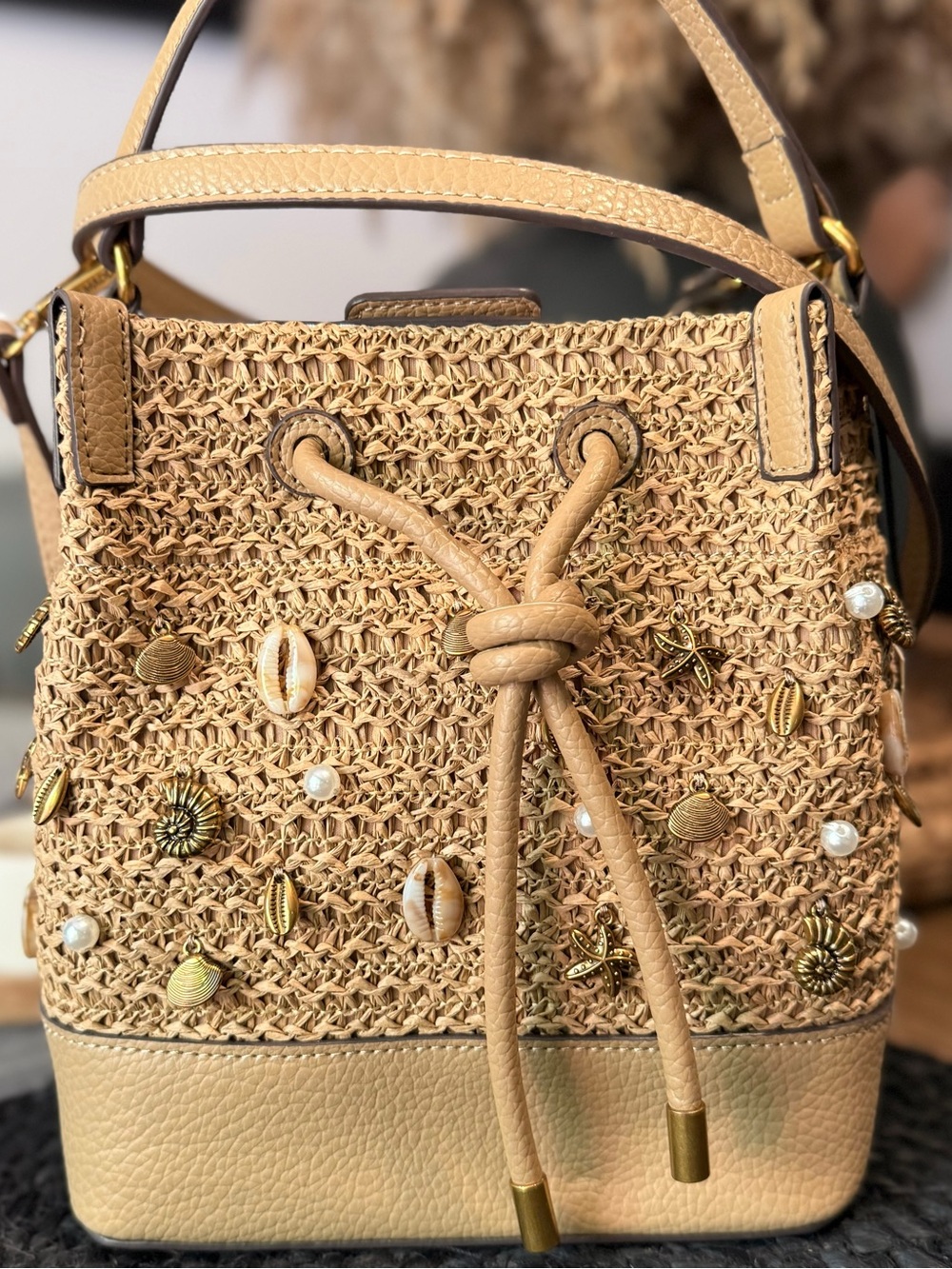 . Steve Madden Tan Seashell Raffia Embellished Mini Bucket Bag